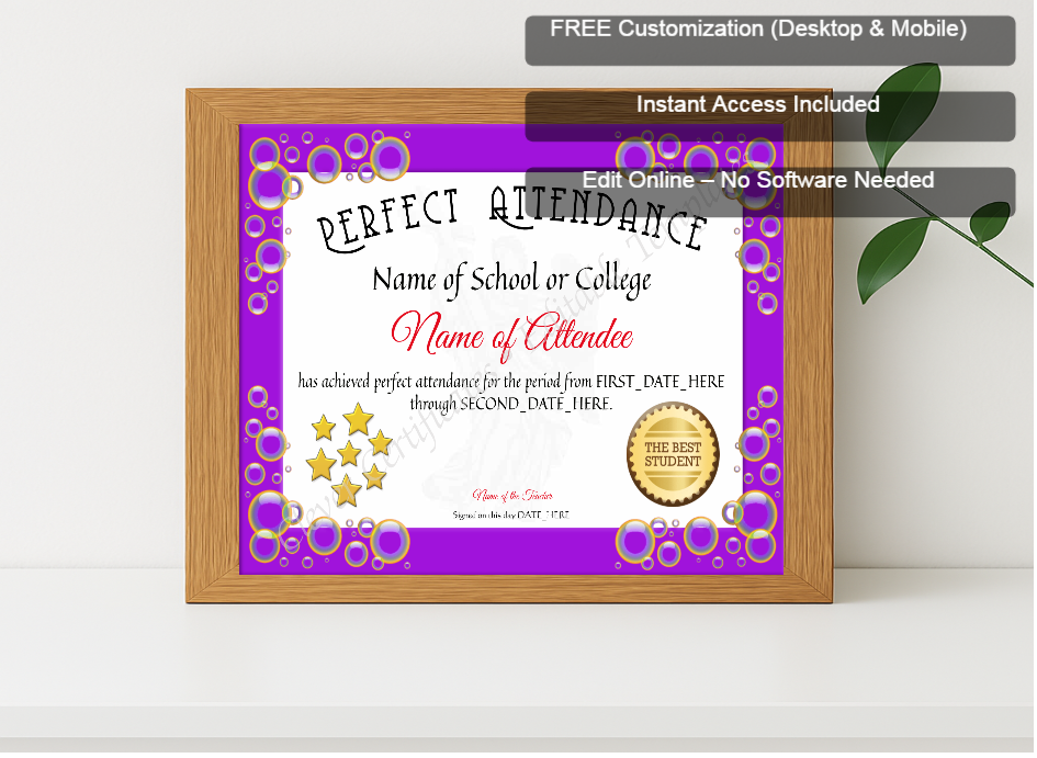 Premium mockup with Free Editor badge stack for Perfect Attendance Certificate