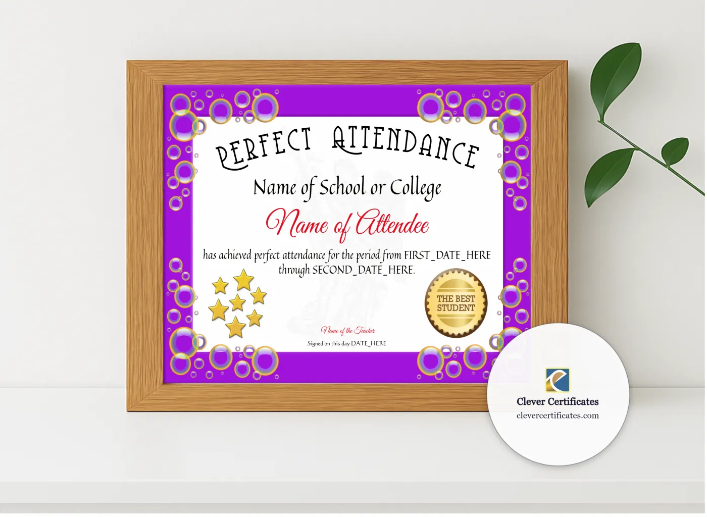Realistic mockup featuring Perfect Attendance Certificate displayed within a modern frame, set against a minimalistic background.