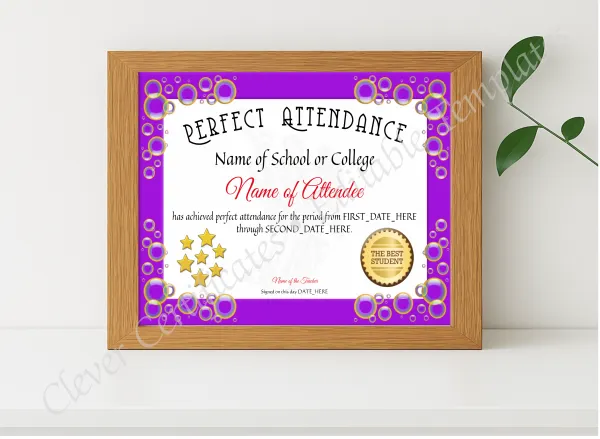 Realistic mockup featuring Perfect Attendance Certificate displayed within a modern frame, set against a minimalistic background.