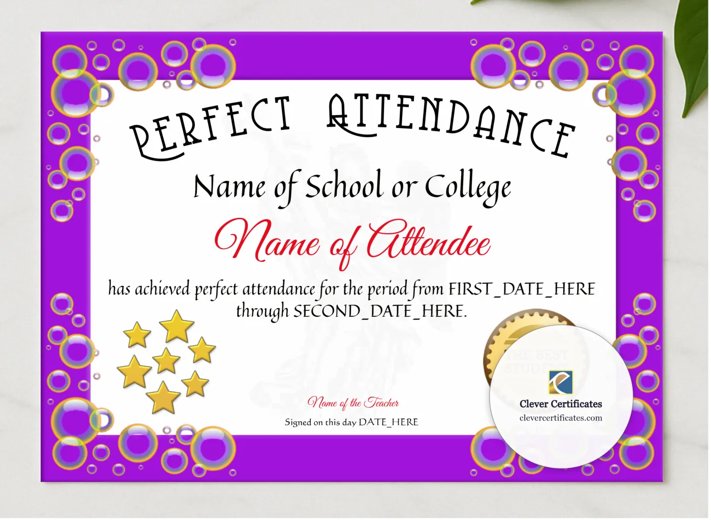 Perfect Attendance Certificate presented in a sleek wooden frame, elegantly arranged on a stylish table.