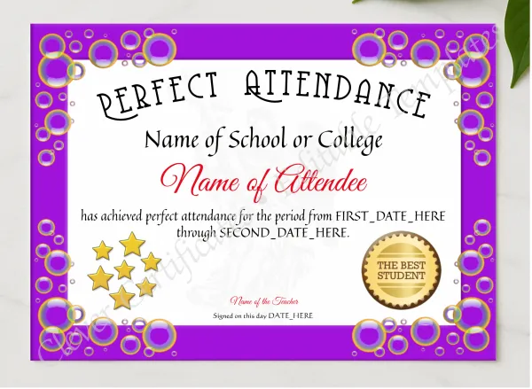 Perfect Attendance Certificate presented in a sleek wooden frame, elegantly arranged on a stylish table.