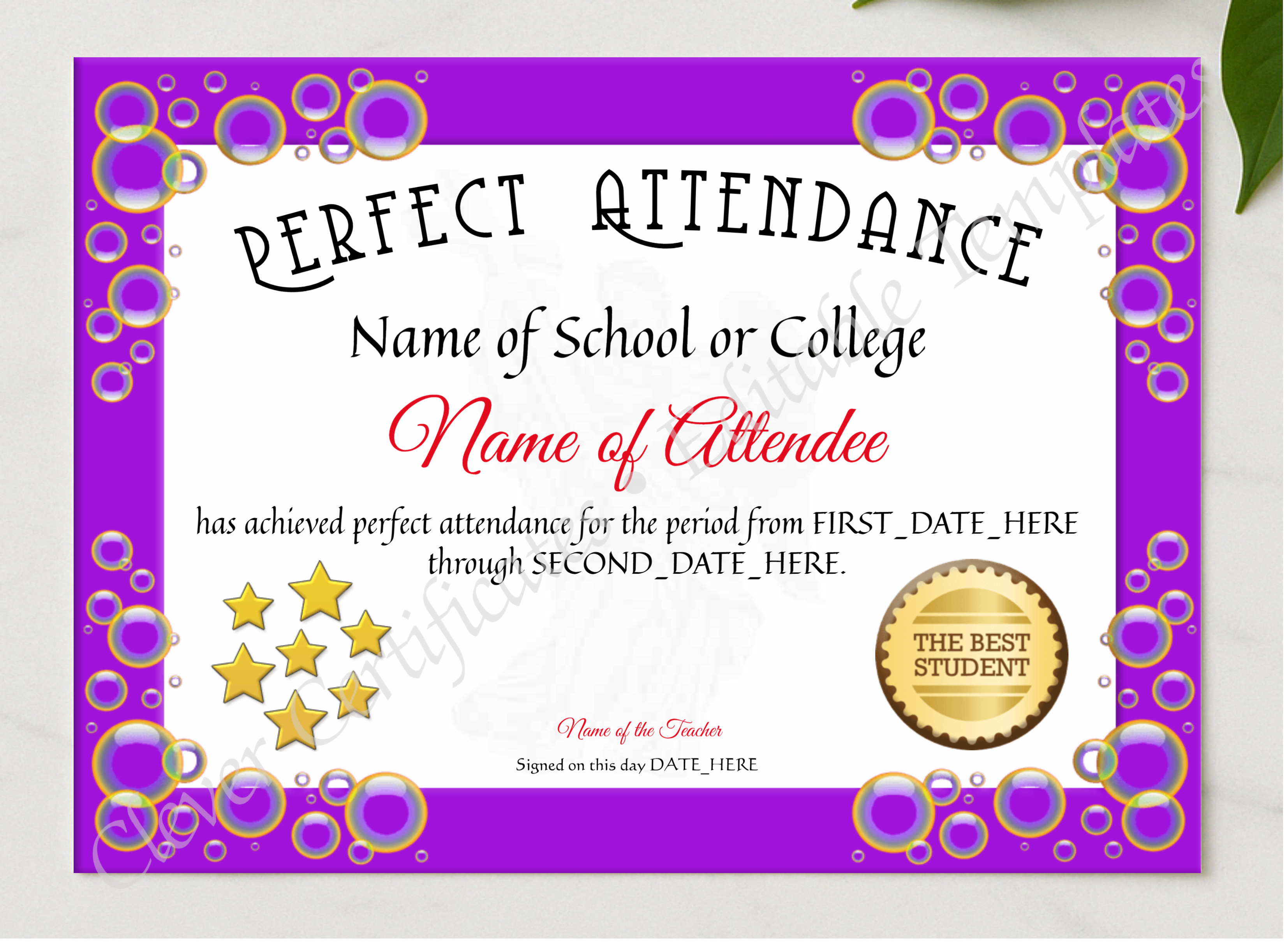 Perfect Attendance Certificate presented in a sleek wooden frame, elegantly arranged on a stylish table.