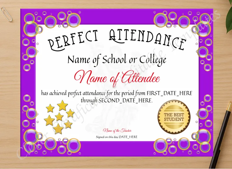 Professional preview of Perfect Attendance Certificate certificate on high-quality stationery paper, ideal for showcasing the final look.