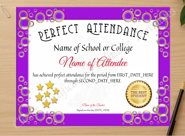 Professional preview of Perfect Attendance Certificate certificate on high-quality stationery paper, ideal for showcasing the final look.