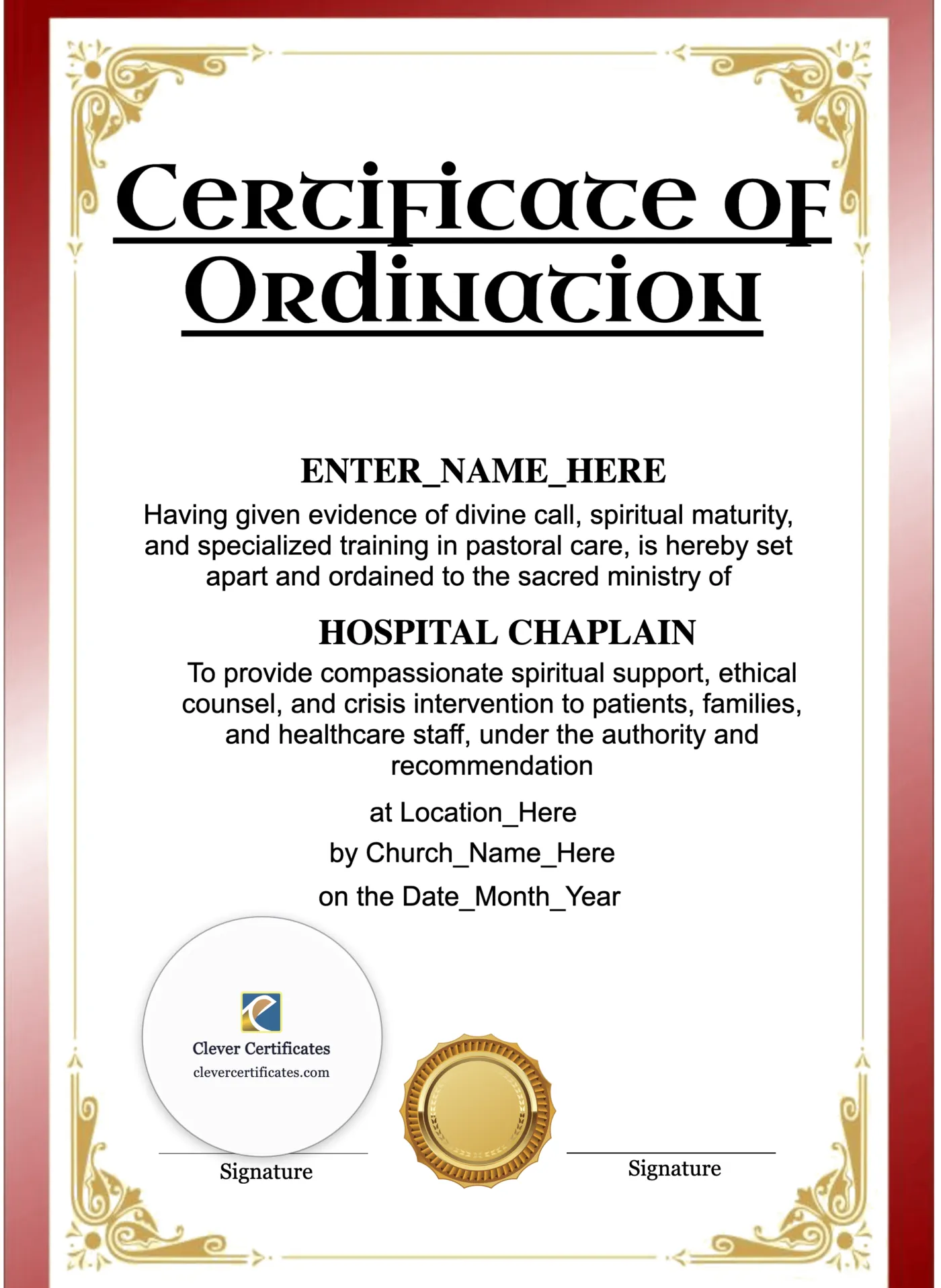 Hospital Chaplain Ordination Certificate Portrait — Certificate Template Preview