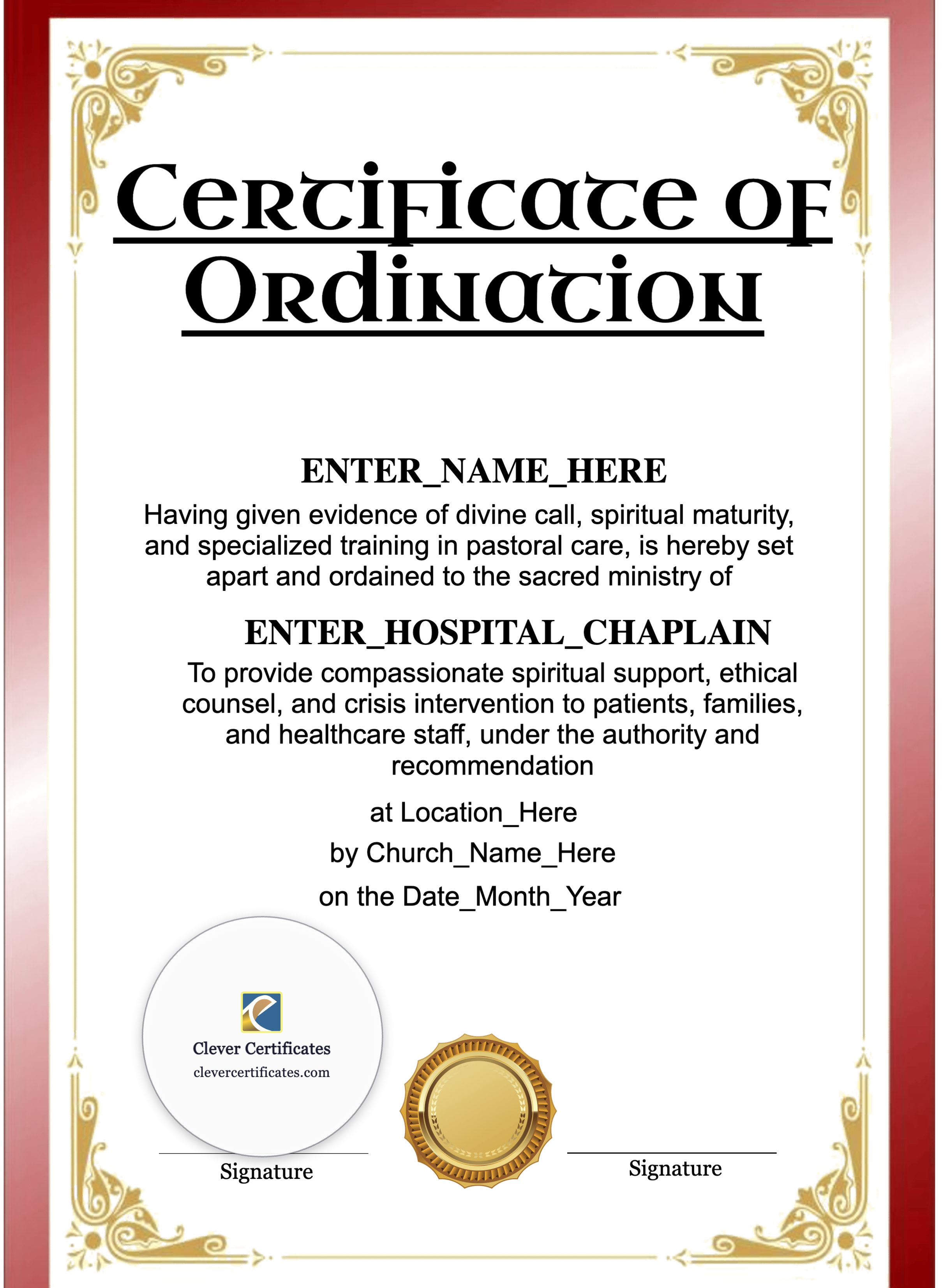 Hospital Chaplain Ordination Certificate Portrait — Certificate Template Preview