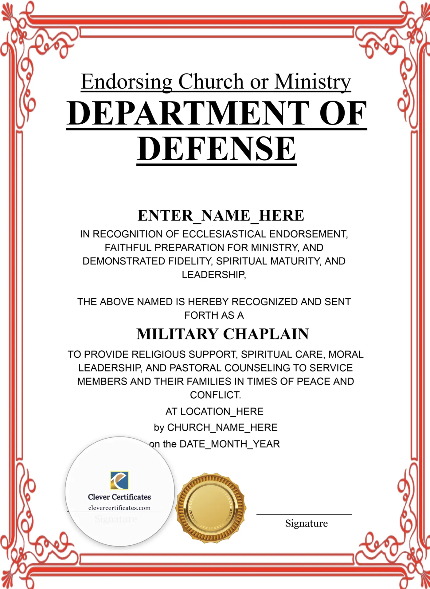 Military Chaplain Certificate Portrait — Certificate Template Preview
