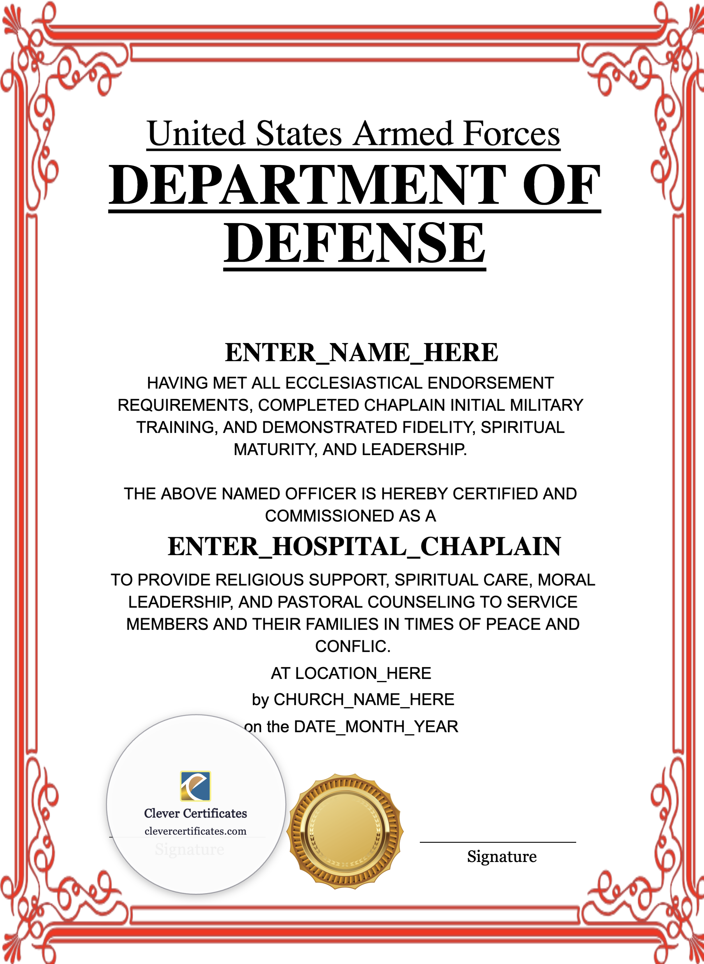 Military Chaplain Certificate Portrait — Certificate Template Preview