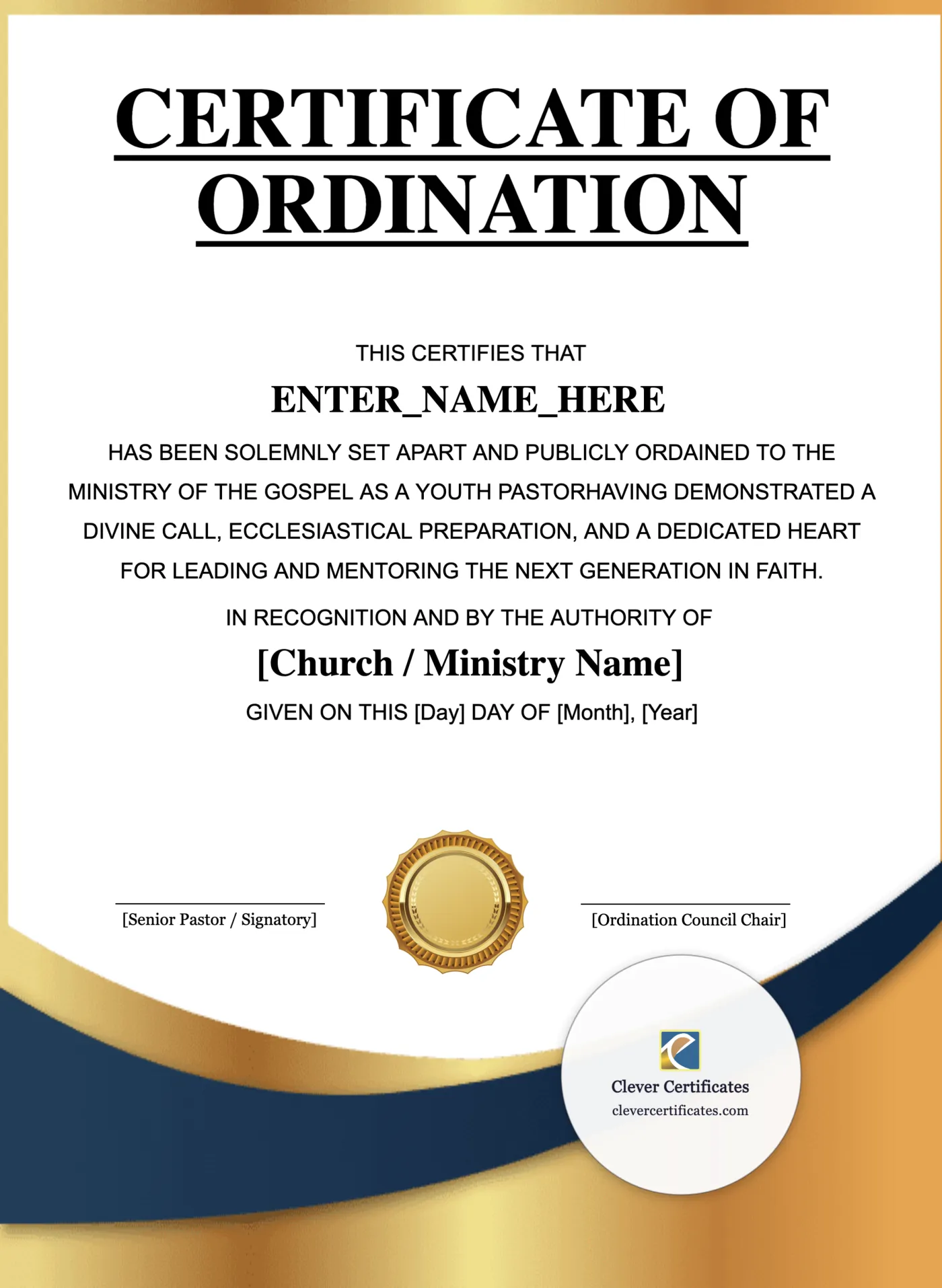 Youth Pastor Ordination Certificate Portrait — Certificate Template Preview