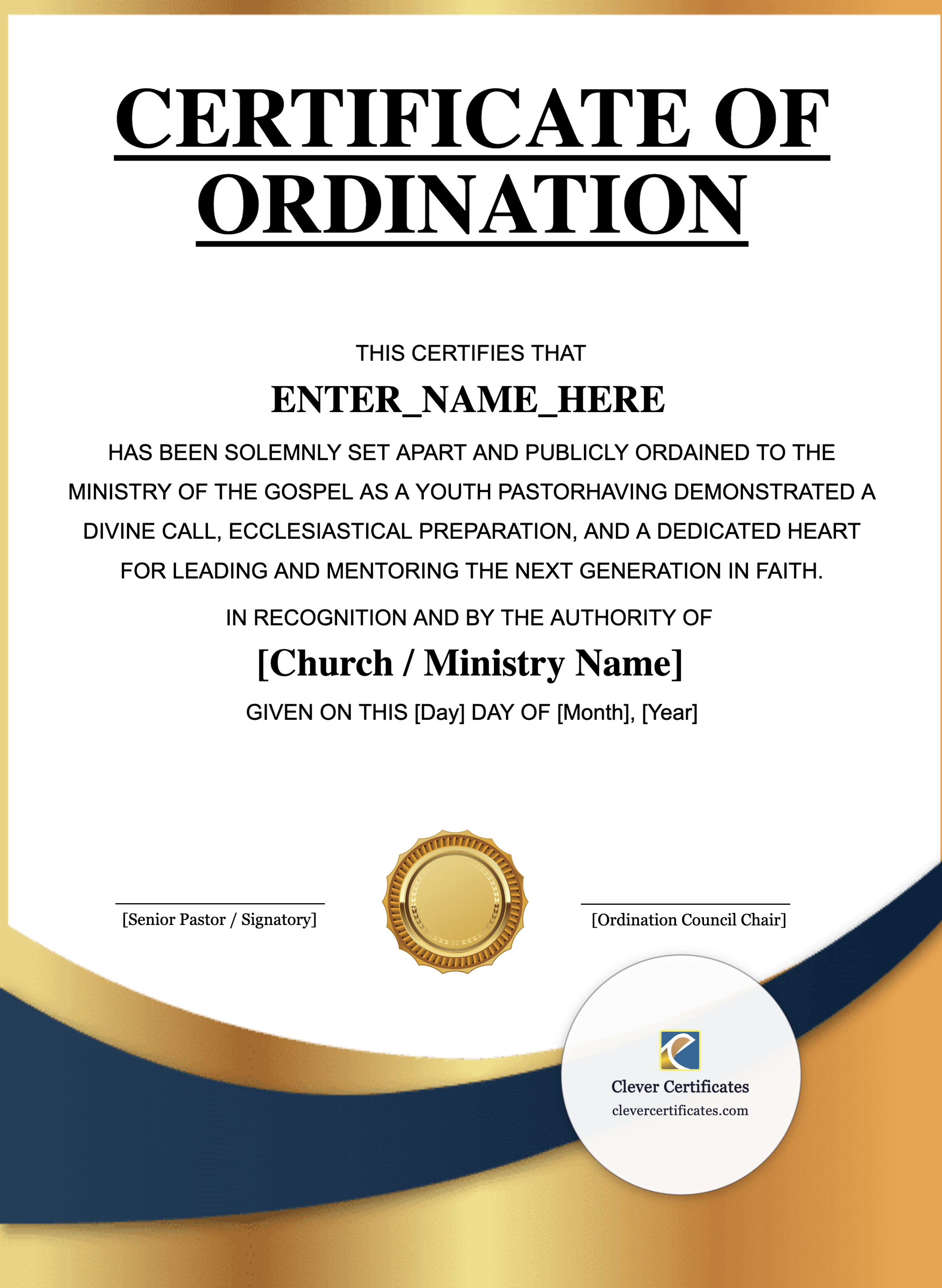 Youth Pastor Ordination Certificate Portrait — Certificate Template Preview