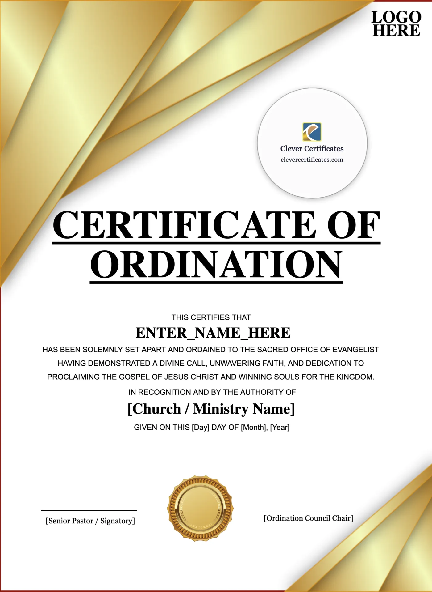 Evangelist Ordination Certificate Portrait — Certificate Template Preview