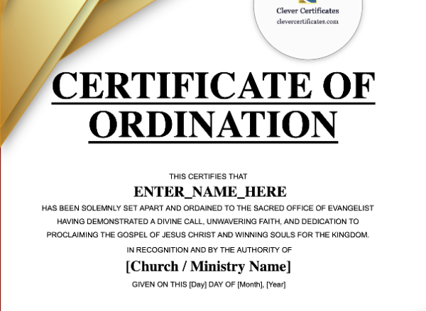Evangelist Ordination Certificate