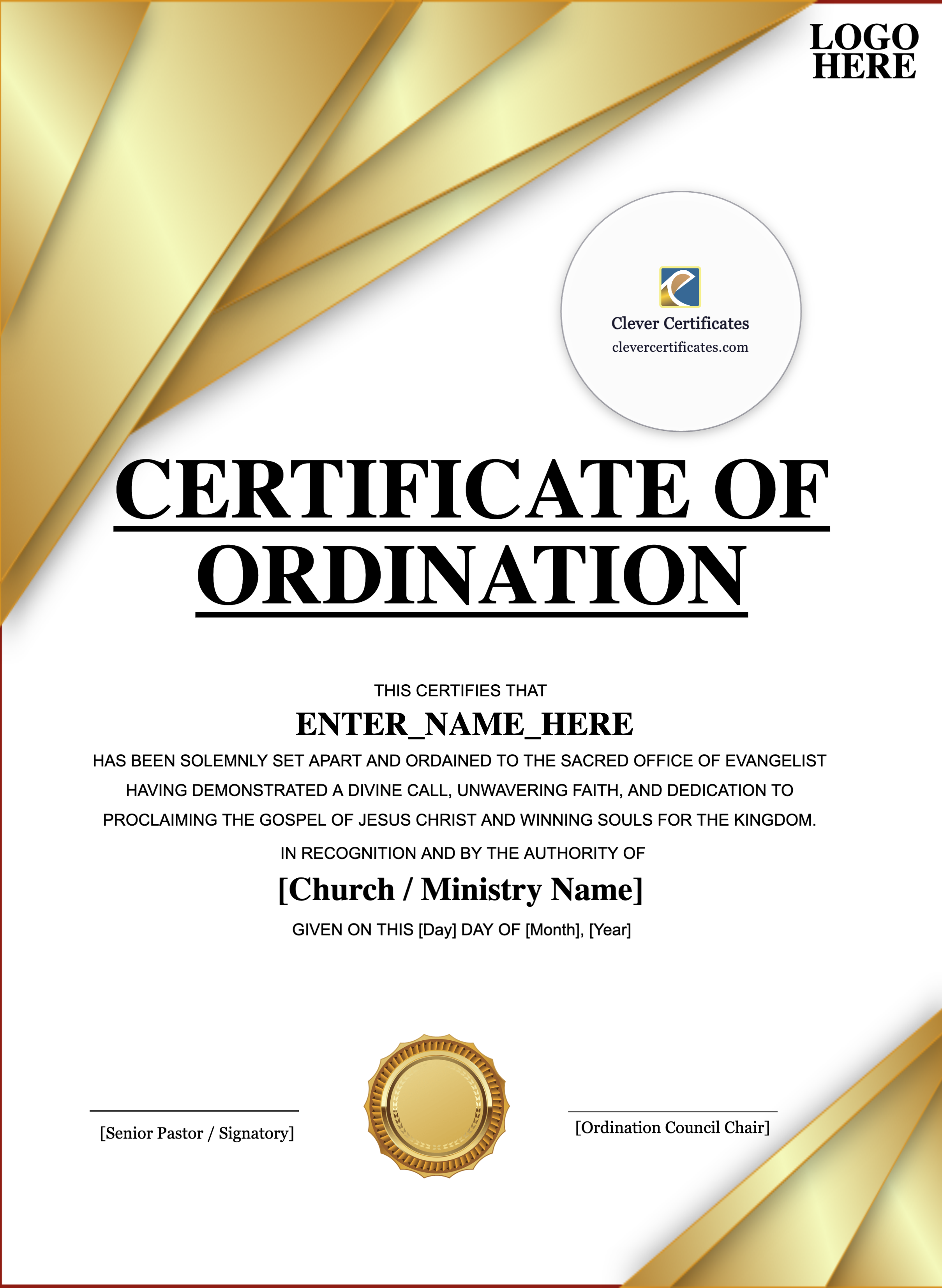 Evangelist Ordination Certificate Portrait — Certificate Template Preview