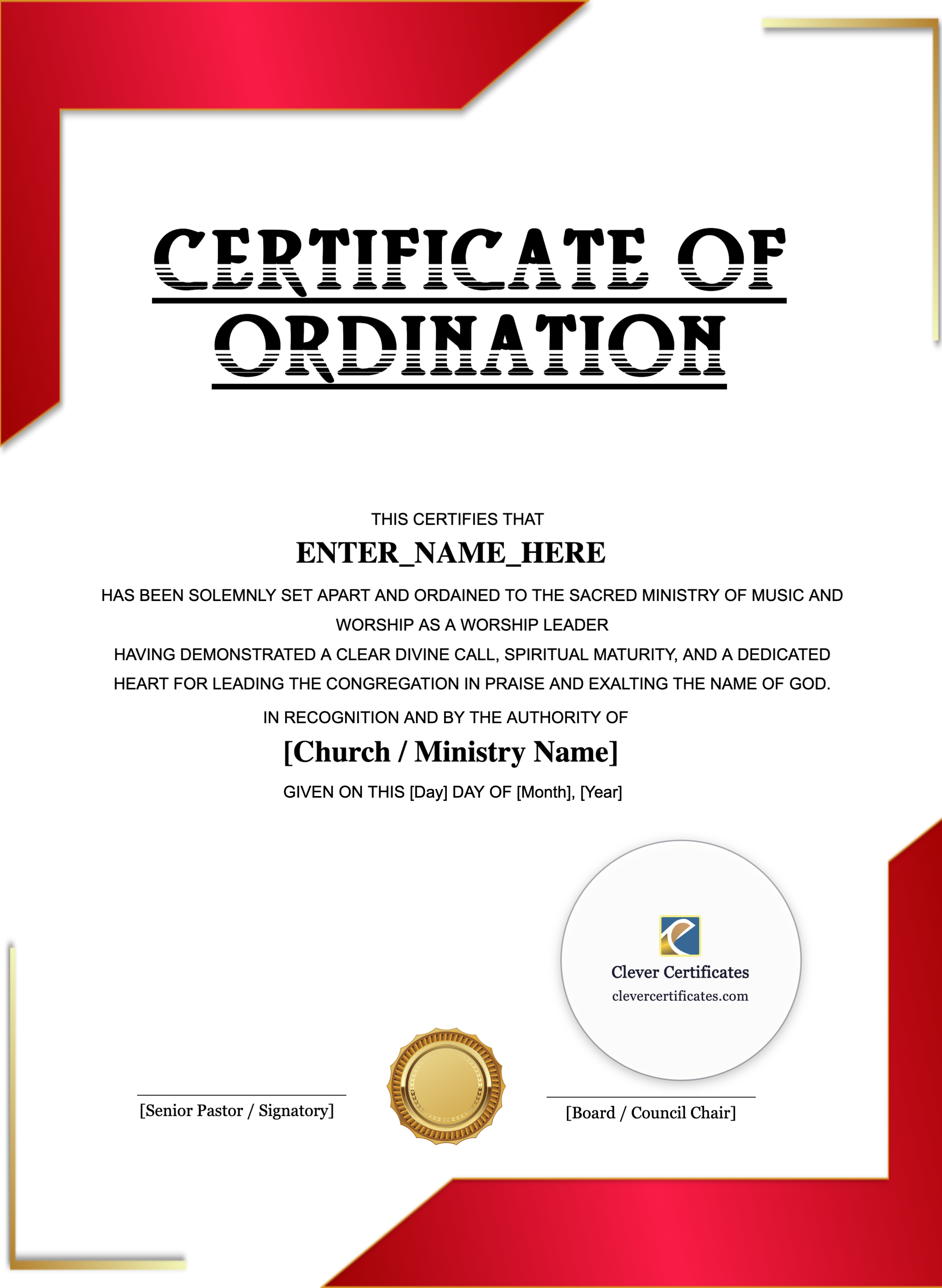 Worship Leader Ordination Certificate Portrait — Certificate Template Preview