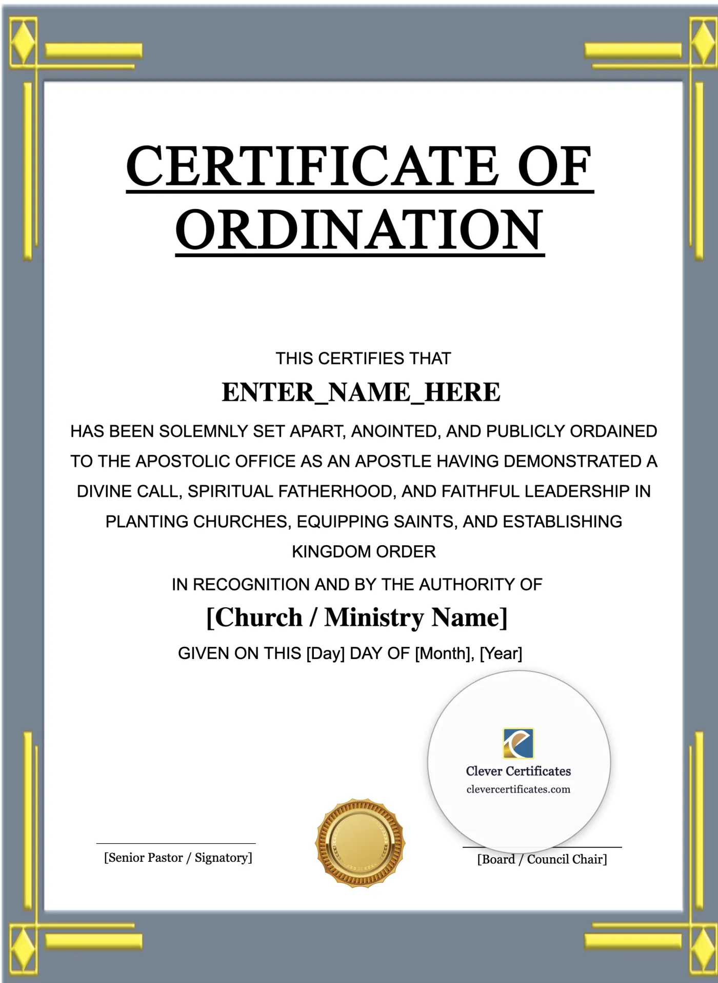 Apostle Ordination Certificate Portrait — Certificate Template Preview