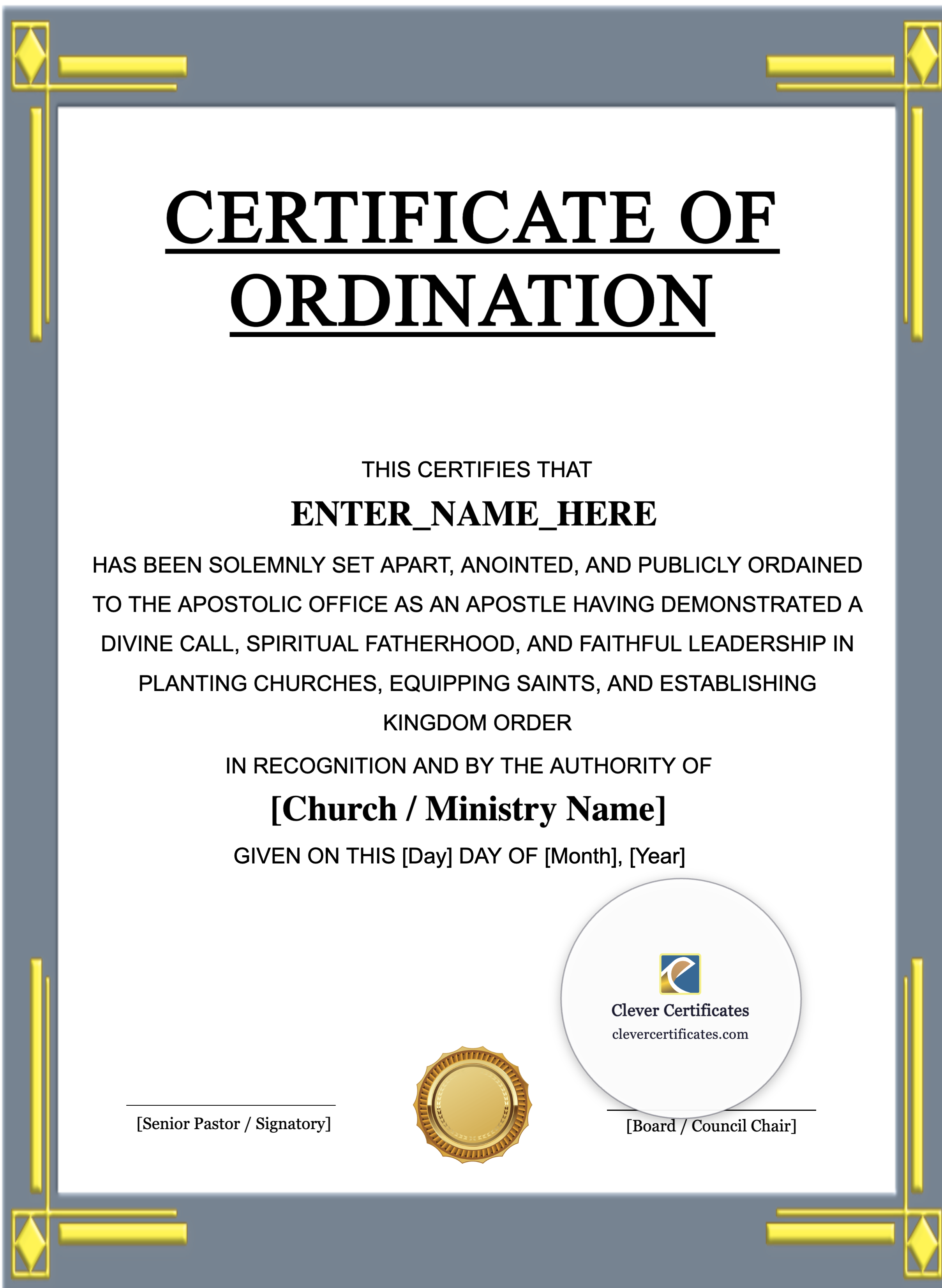 Apostle Ordination Certificate Portrait — Certificate Template Preview