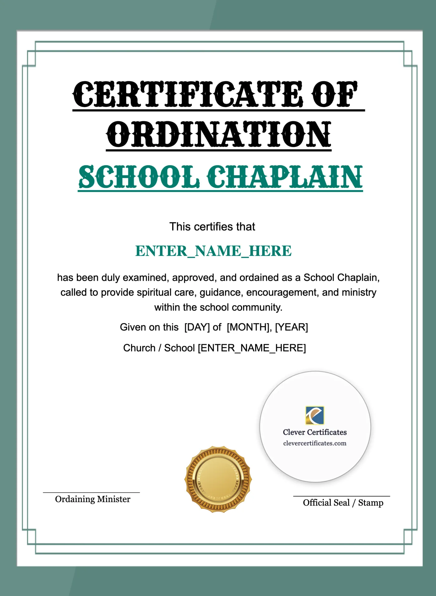 School Chaplain Certificate Portrait — Certificate Template Preview