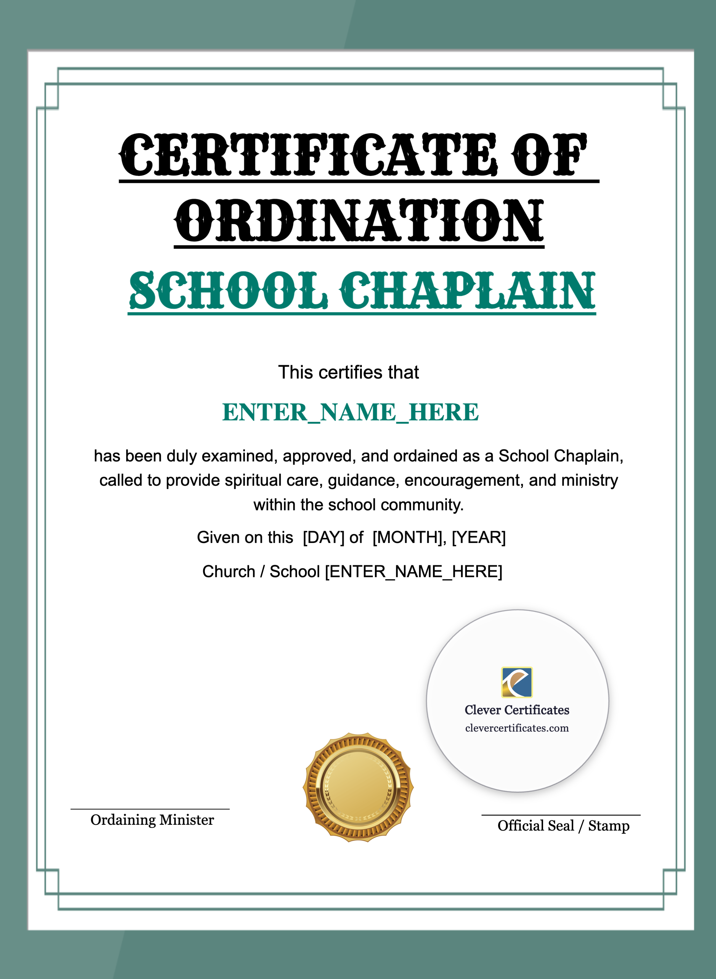 School Chaplain Certificate Portrait — Certificate Template Preview