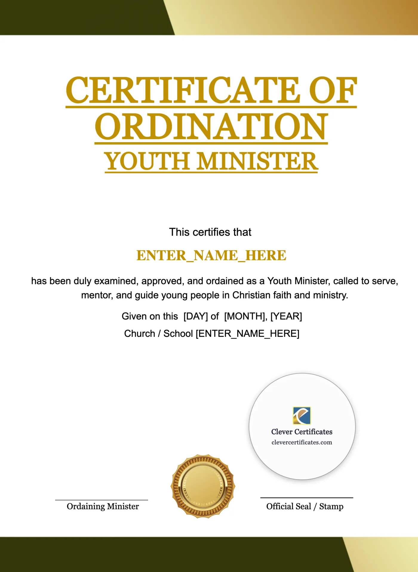 Youth Minister Ordination Certificate Portrait — Certificate Template Preview