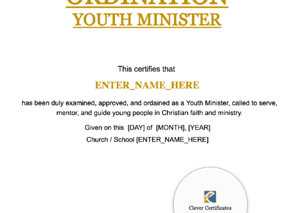 Youth Minister Ordination Certificate