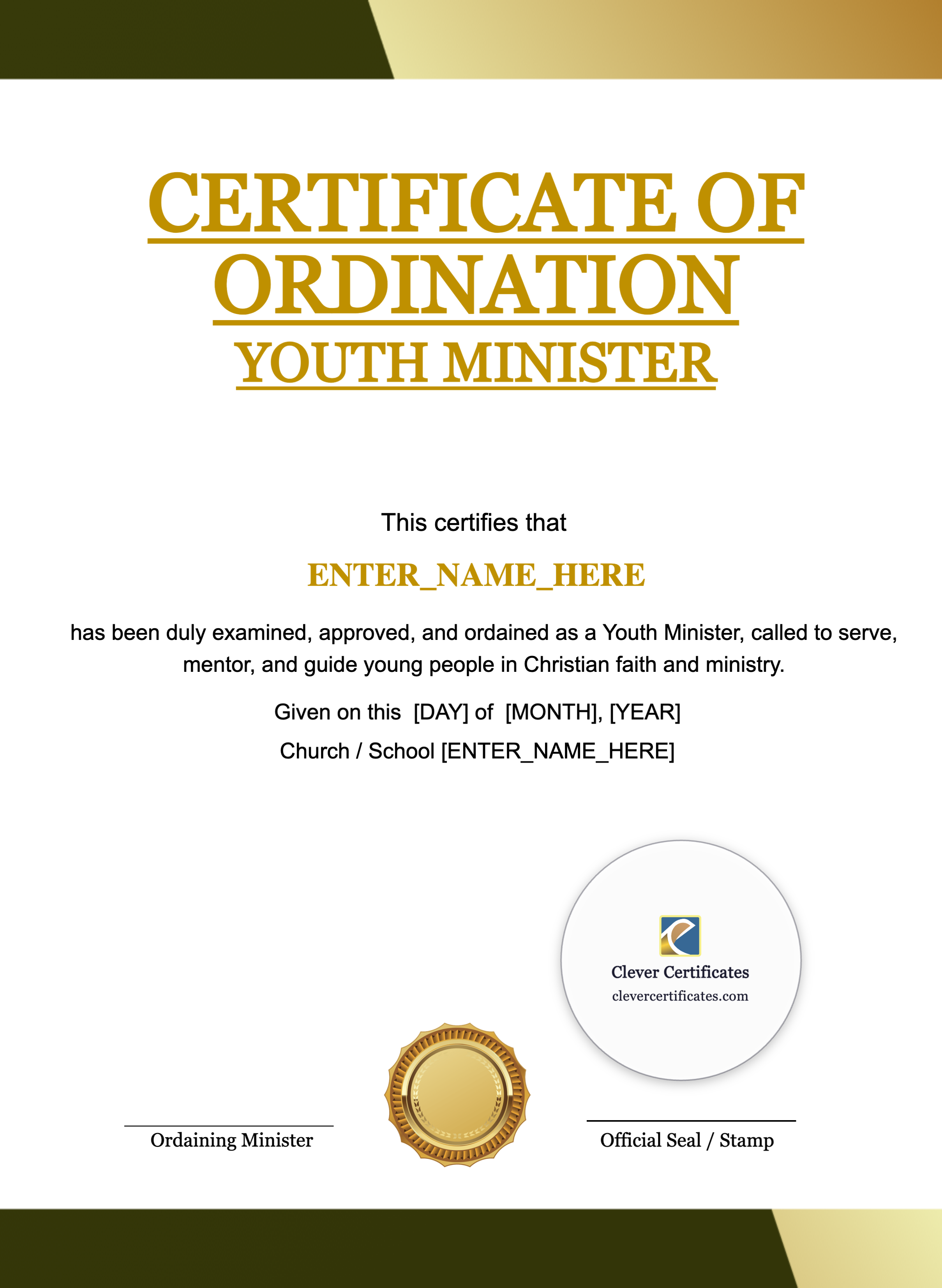 Youth Minister Ordination Certificate Portrait — Certificate Template Preview