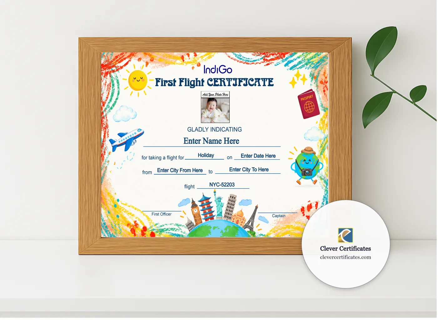 Realistic mockup featuring IndiGo First Flight Certificate Landscape displayed within a modern frame, set against a minimalistic background.