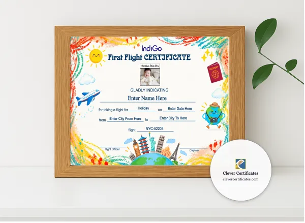 Realistic mockup featuring IndiGo First Flight Certificate Landscape displayed within a modern frame, set against a minimalistic background.