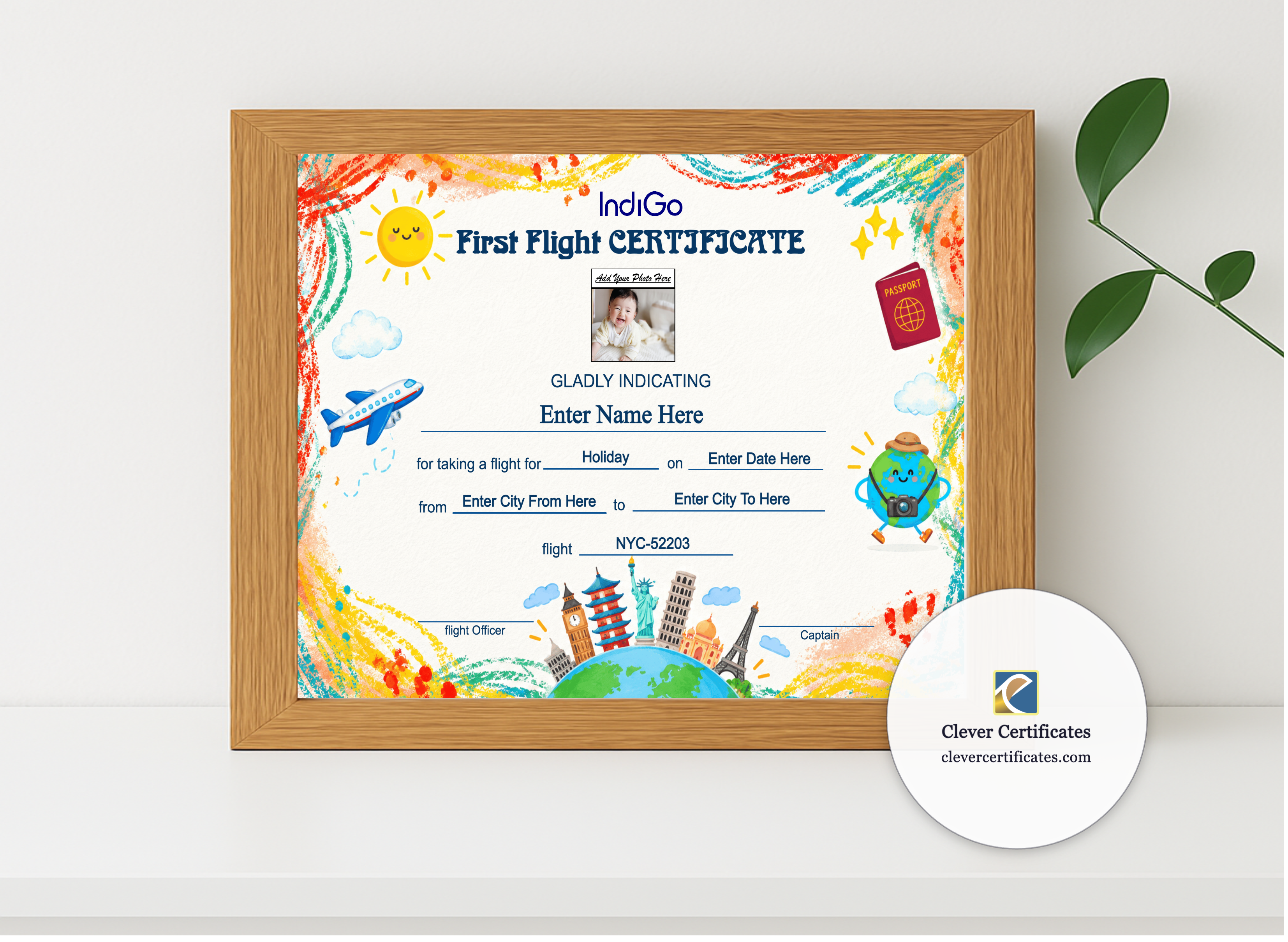 Realistic mockup featuring IndiGo First Flight Certificate Landscape displayed within a modern frame, set against a minimalistic background.