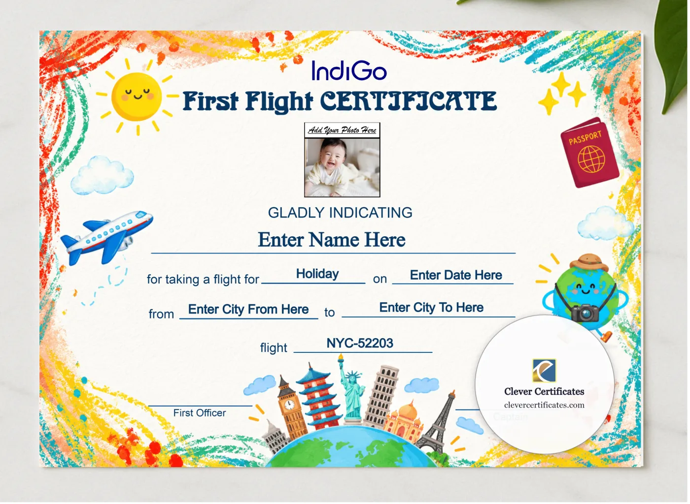 IndiGo First Flight Certificate Landscape presented in a sleek wooden frame, elegantly arranged on a stylish table.