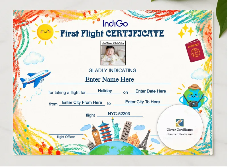 IndiGo First Flight Certificate Landscape presented in a sleek wooden frame, elegantly arranged on a stylish table.