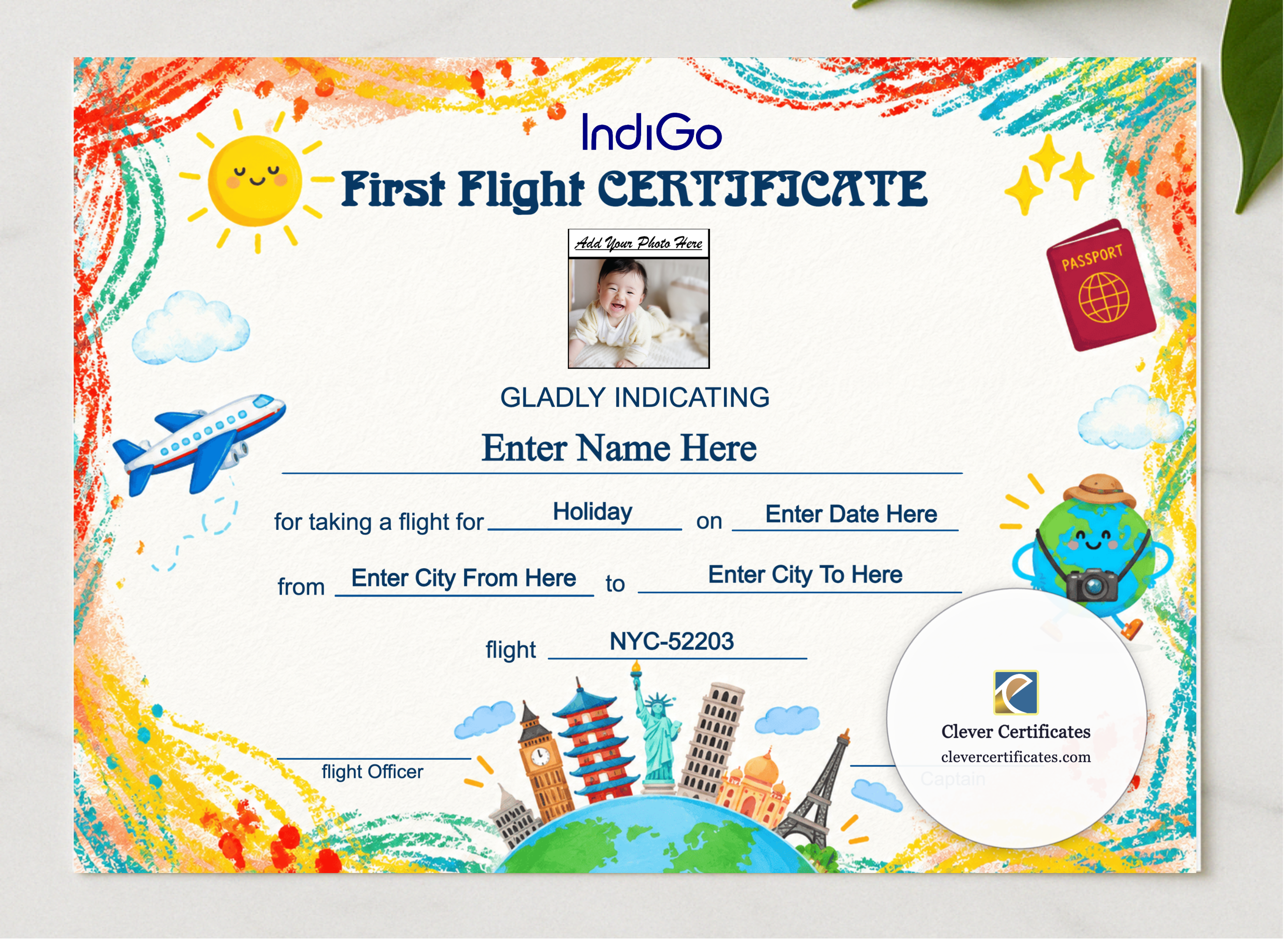 IndiGo First Flight Certificate Landscape presented in a sleek wooden frame, elegantly arranged on a stylish table.