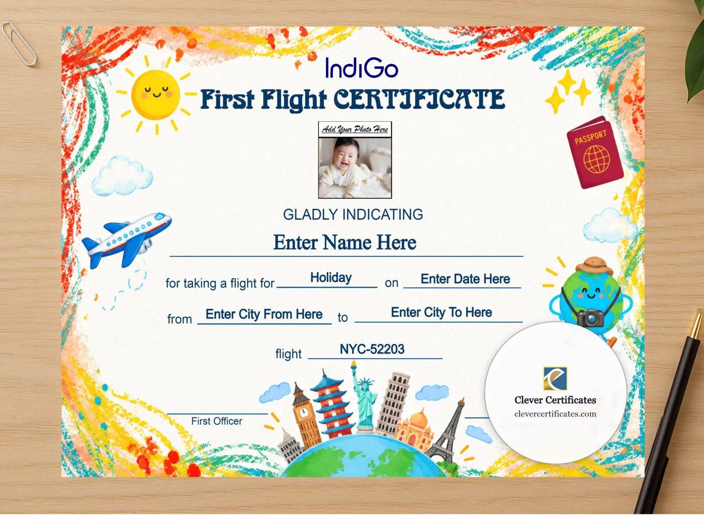Professional preview of IndiGo First Flight Certificate Landscape certificate on high-quality stationery paper, ideal for showcasing the final look.