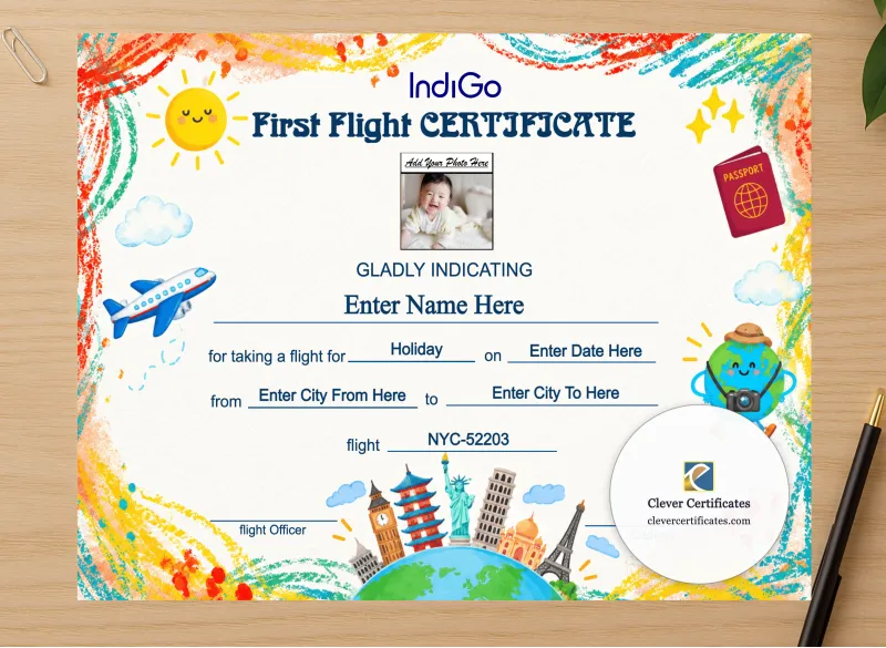 Professional preview of IndiGo First Flight Certificate Landscape certificate on high-quality stationery paper, ideal for showcasing the final look.