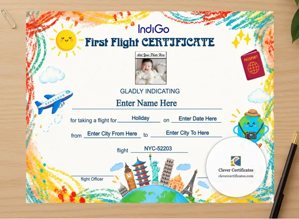 Professional preview of IndiGo First Flight Certificate Landscape certificate on high-quality stationery paper, ideal for showcasing the final look.
