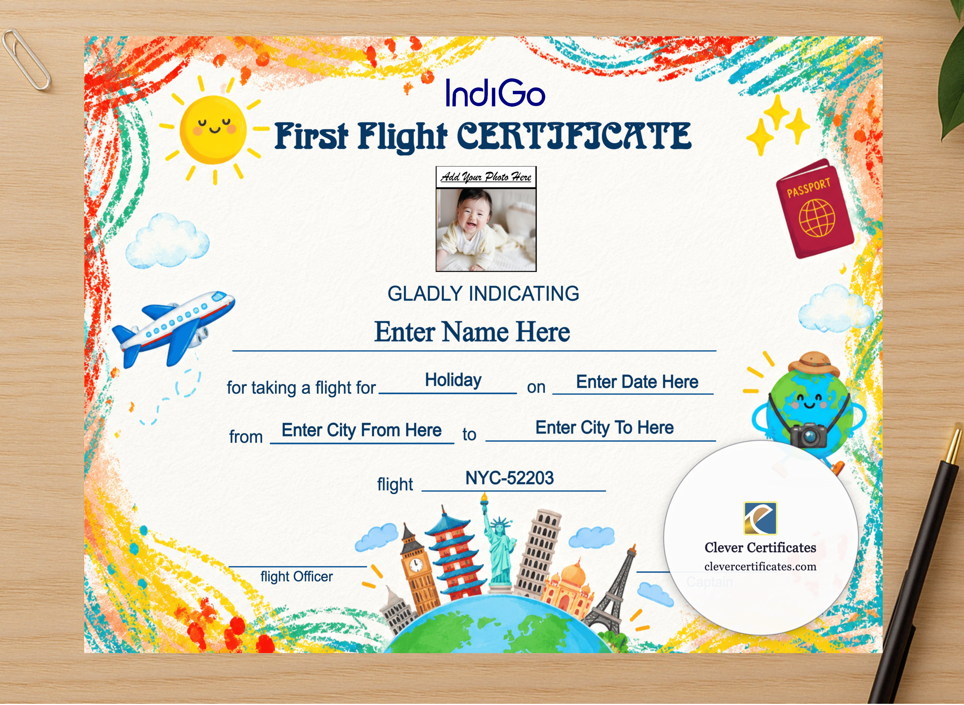 Professional preview of IndiGo First Flight Certificate Landscape certificate on high-quality stationery paper, ideal for showcasing the final look.