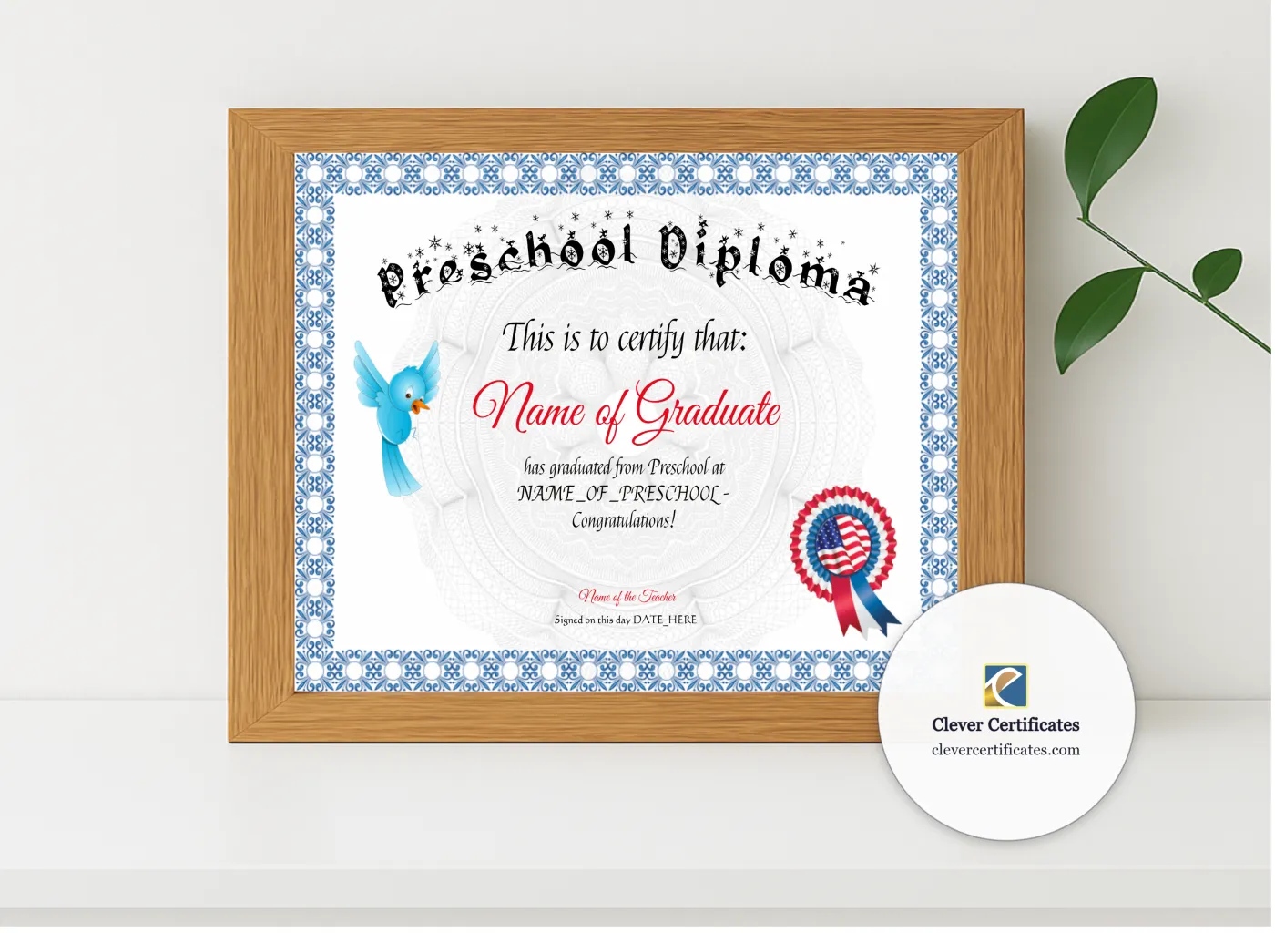 Realistic mockup featuring Preschool Diploma displayed within a modern frame, set against a minimalistic background.