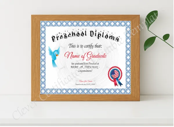 Realistic mockup featuring Preschool Diploma displayed within a modern frame, set against a minimalistic background.