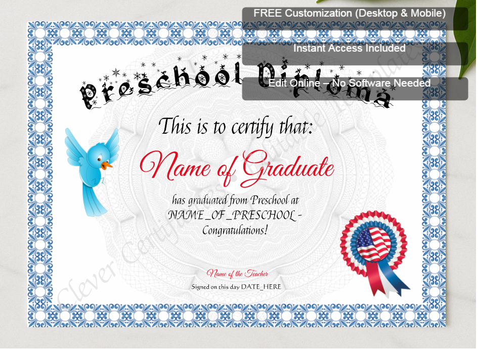 Framed preview featuring Free Editor badge stack for Preschool Diploma