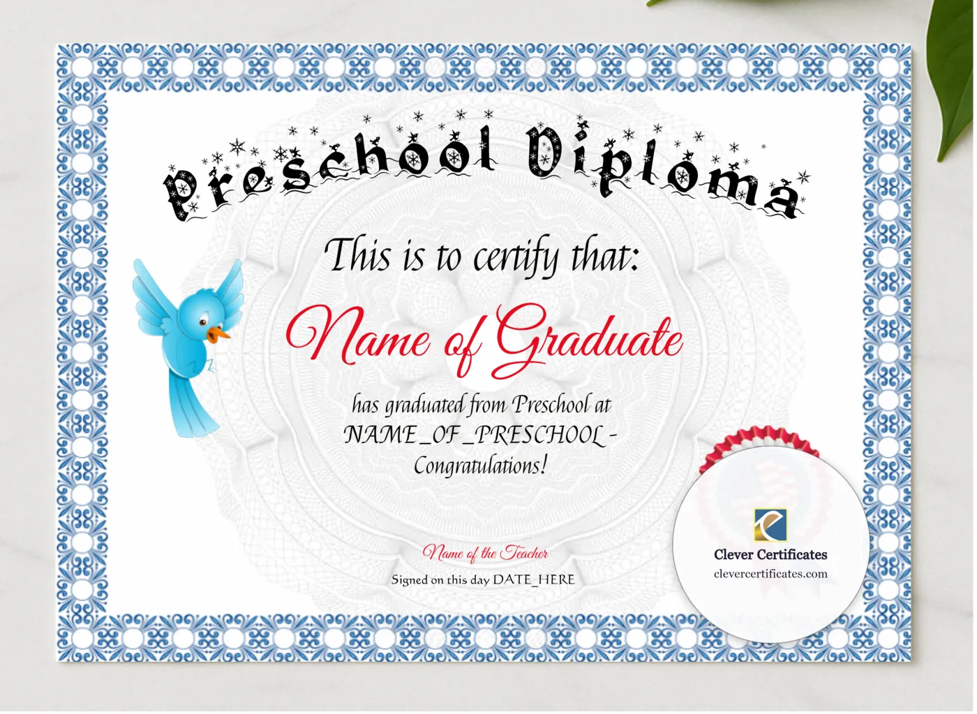 Preschool Diploma presented in a sleek wooden frame, elegantly arranged on a stylish table.