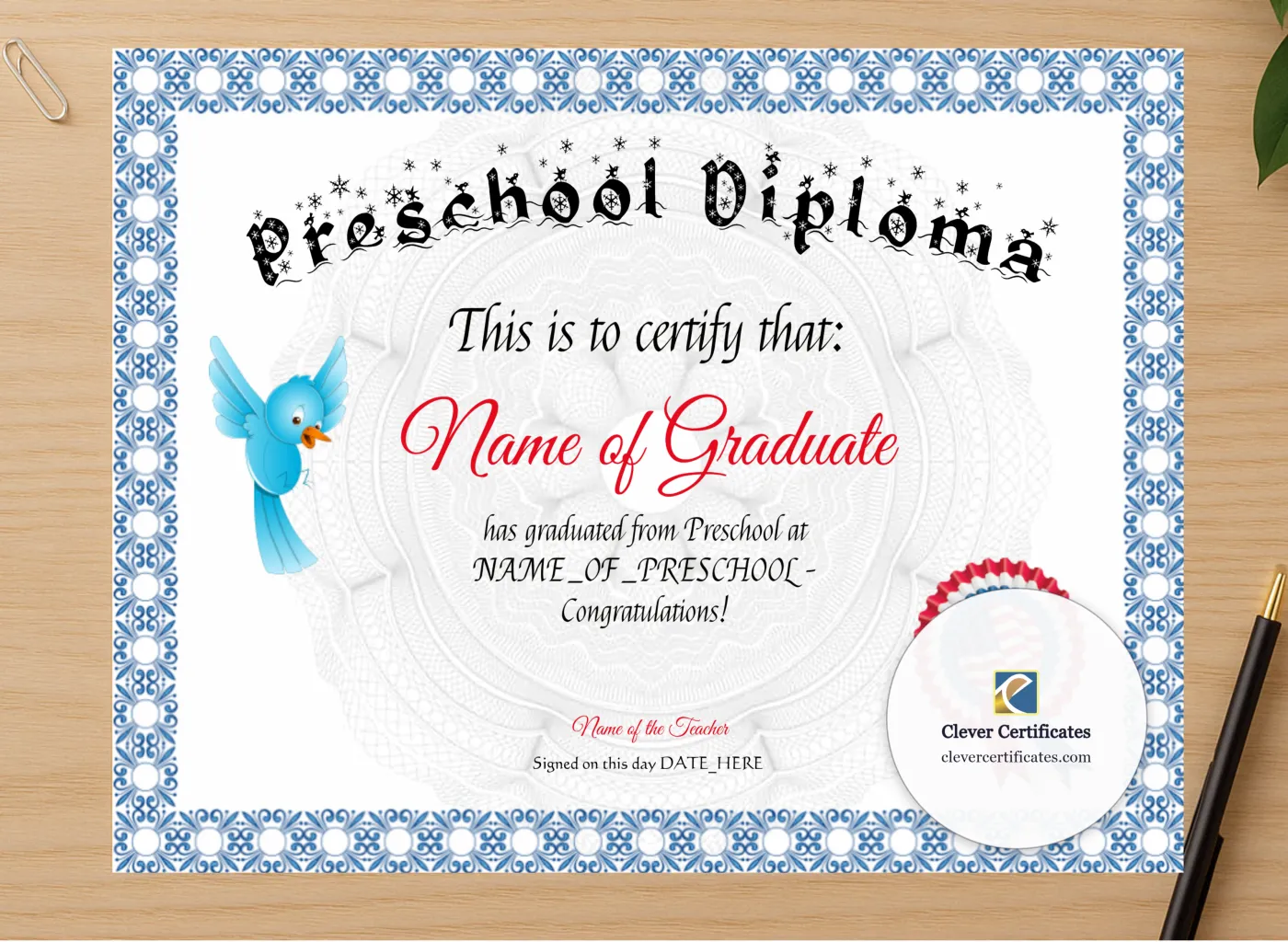 Professional preview of Preschool Diploma certificate on high-quality stationery paper, ideal for showcasing the final look.