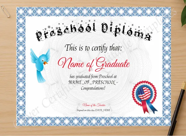 Professional preview of Preschool Diploma certificate on high-quality stationery paper, ideal for showcasing the final look.
