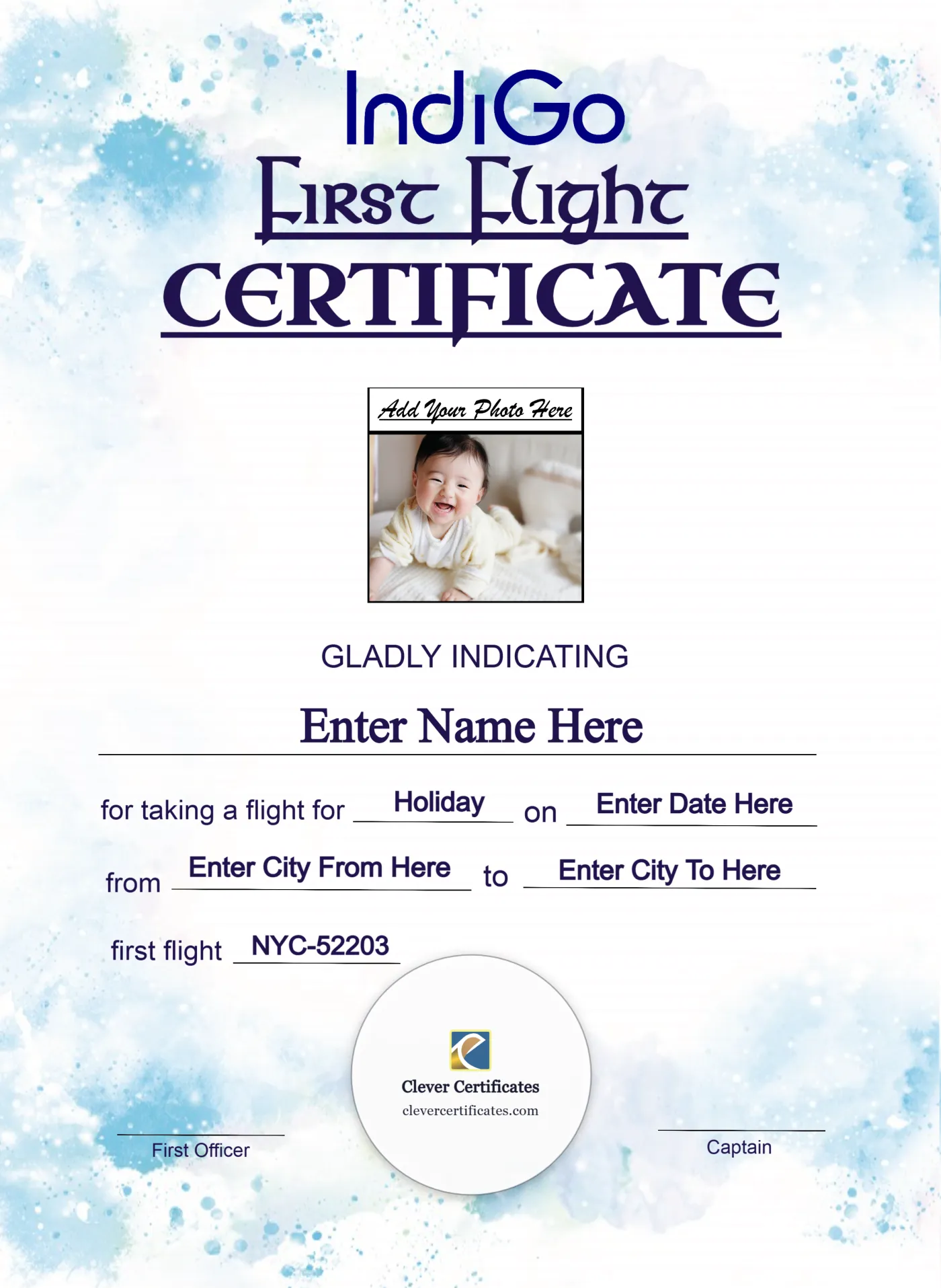 IndiGo First Flight Certificate Portrait — Certificate Template Preview