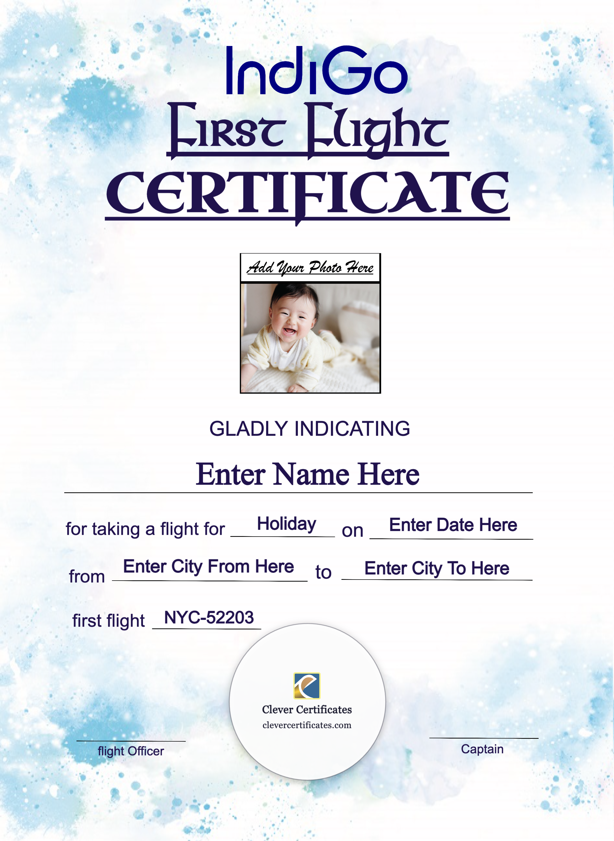 IndiGo First Flight Certificate Portrait — Certificate Template Preview