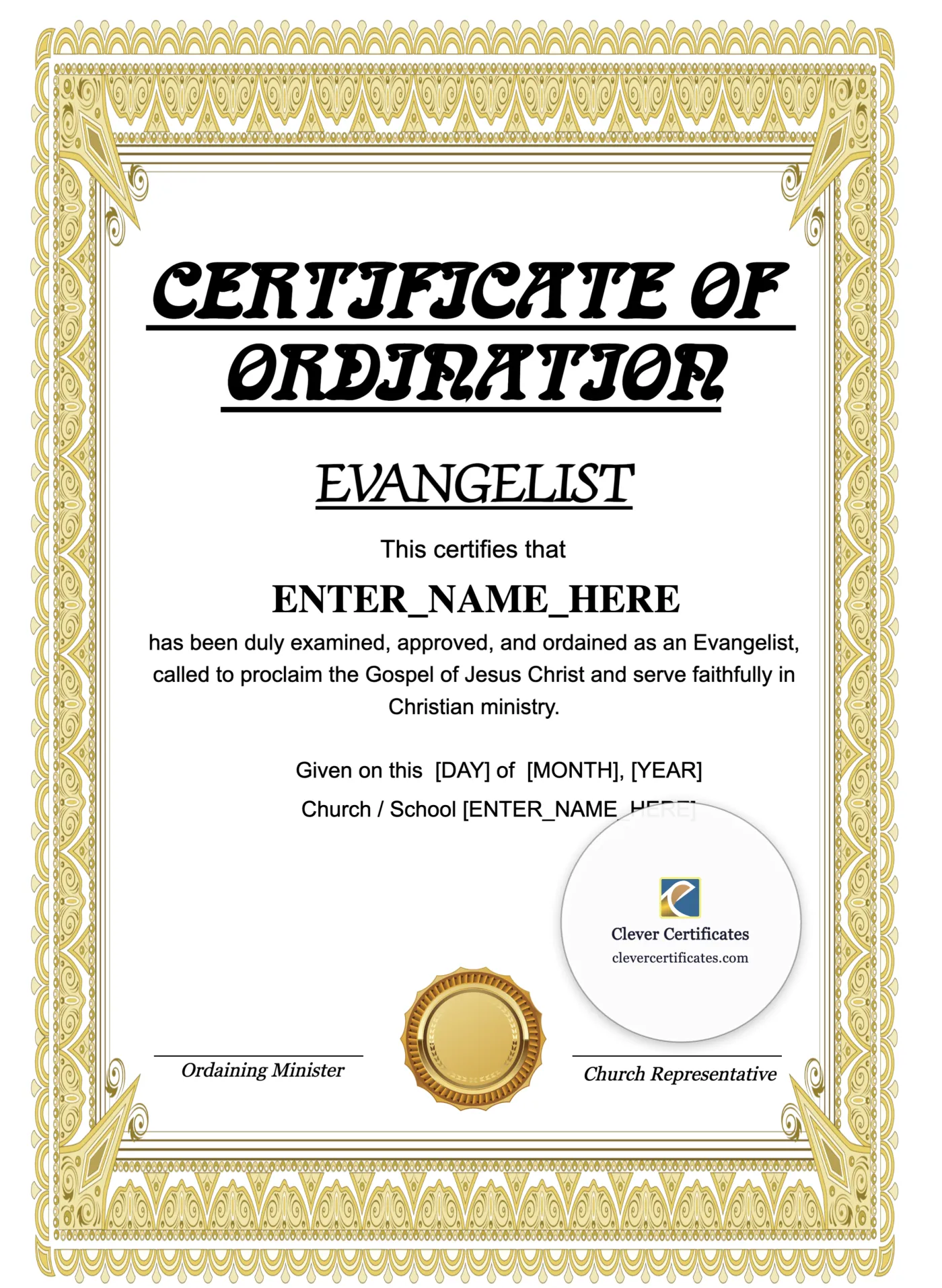Certificate Of Ordination For Evangelist Portrait — Certificate Template Preview
