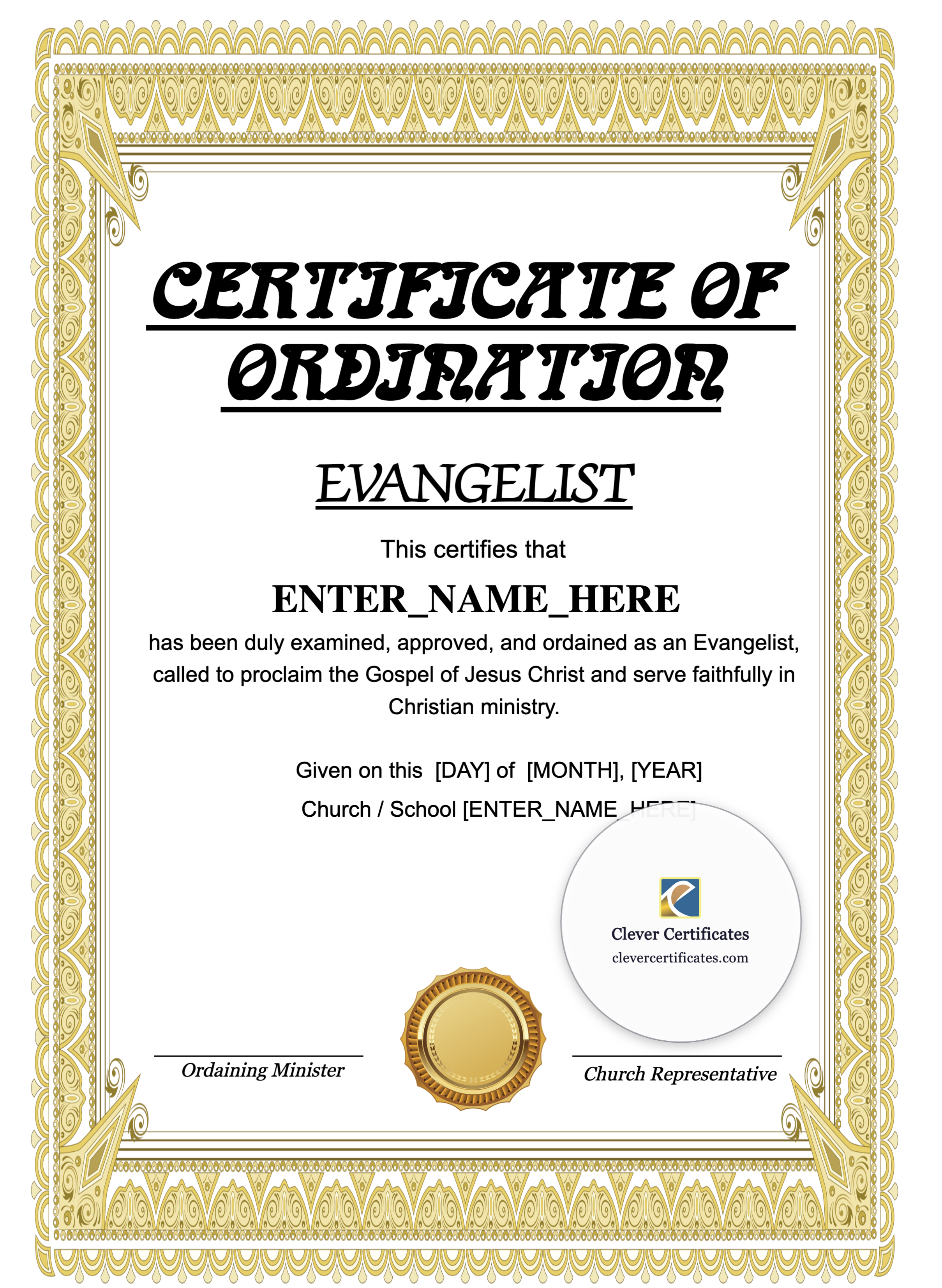 Certificate Of Ordination For Evangelist Portrait — Certificate Template Preview