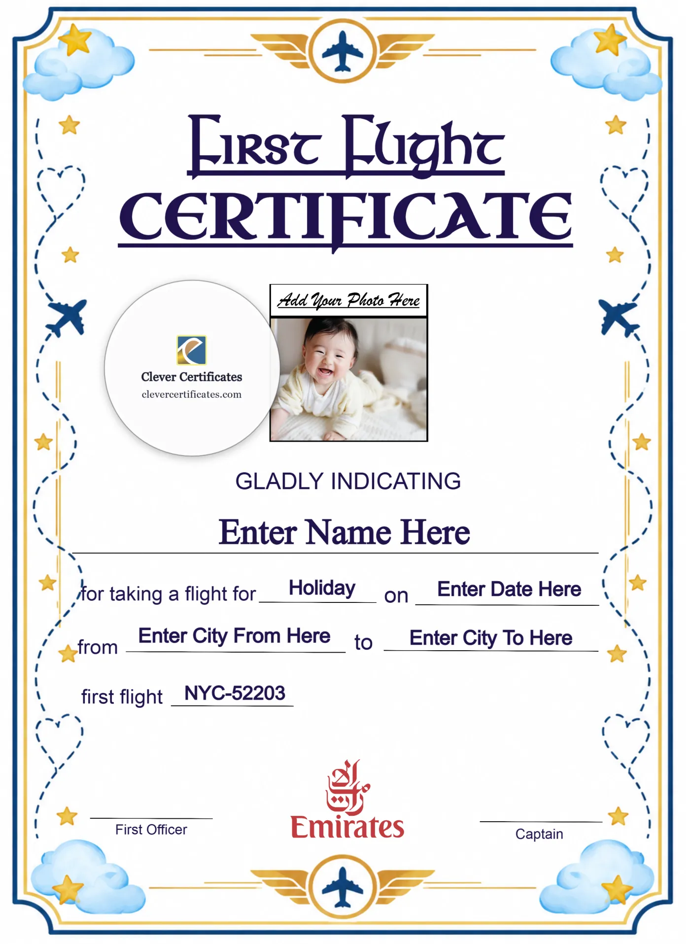Emirates First Flight Templates Portrait — Certificate Template Preview