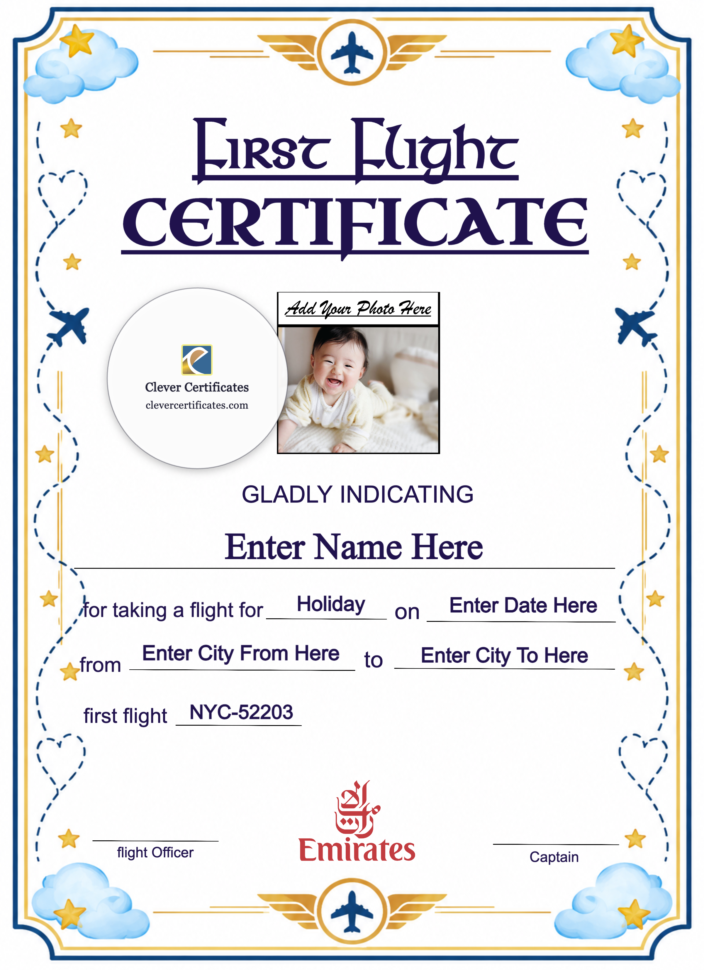 Emirates First Flight Templates Portrait — Certificate Template Preview
