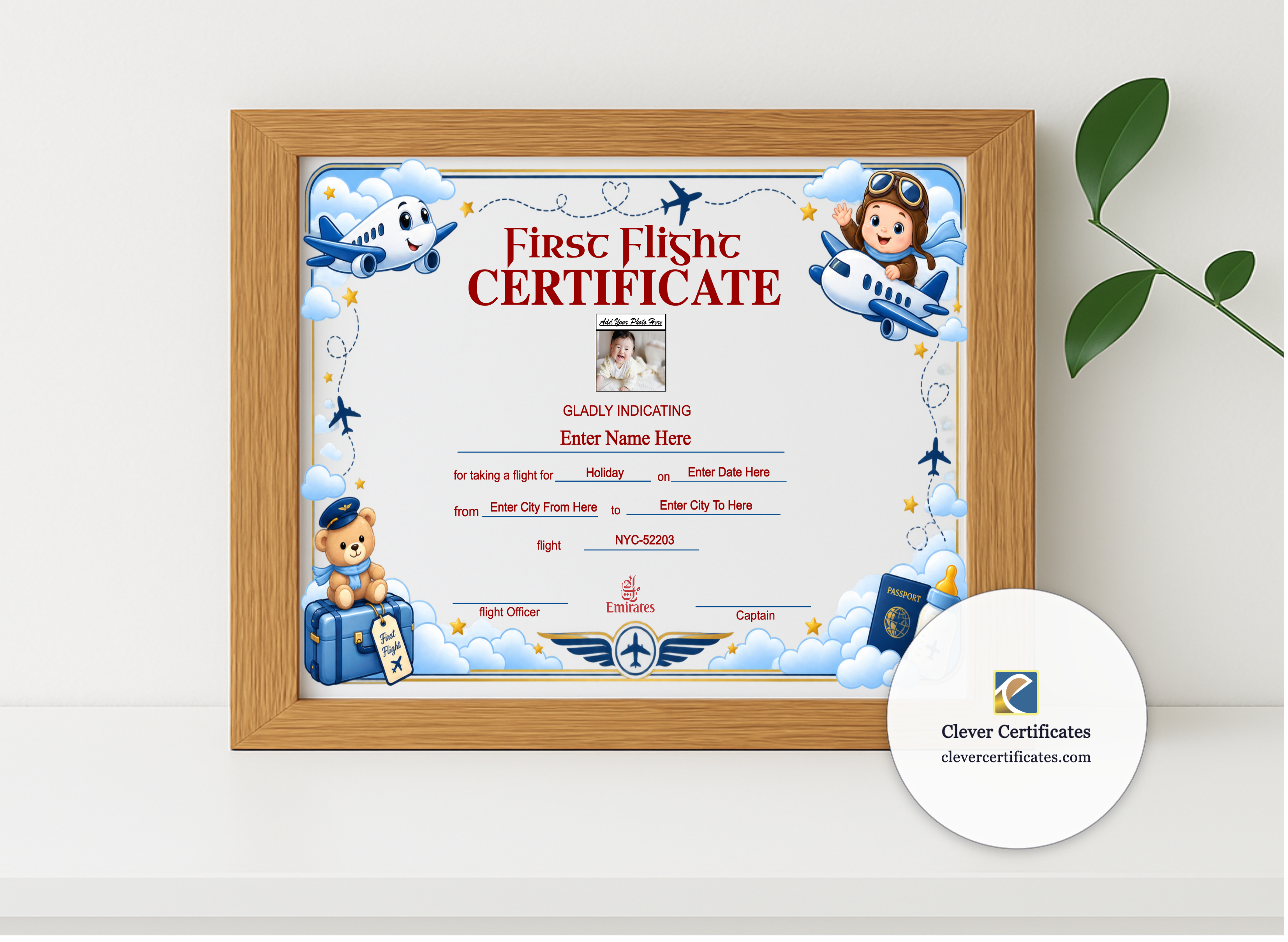 Realistic mockup featuring Emirates First Flight Templates Landscape displayed within a modern frame, set against a minimalistic background.