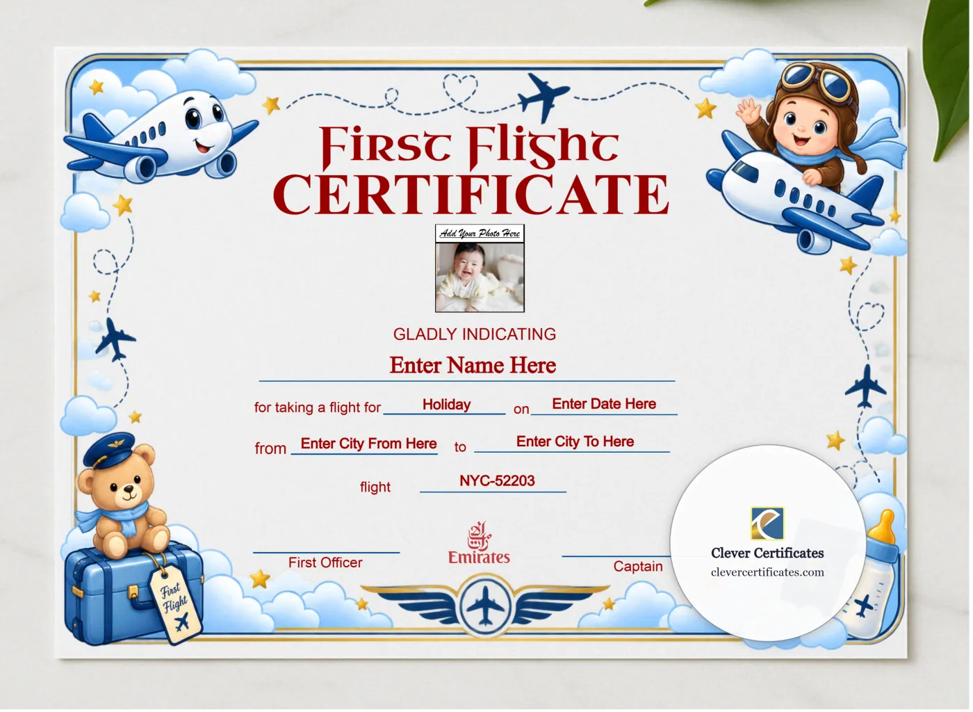 Emirates First Flight Templates Landscape presented in a sleek wooden frame, elegantly arranged on a stylish table.