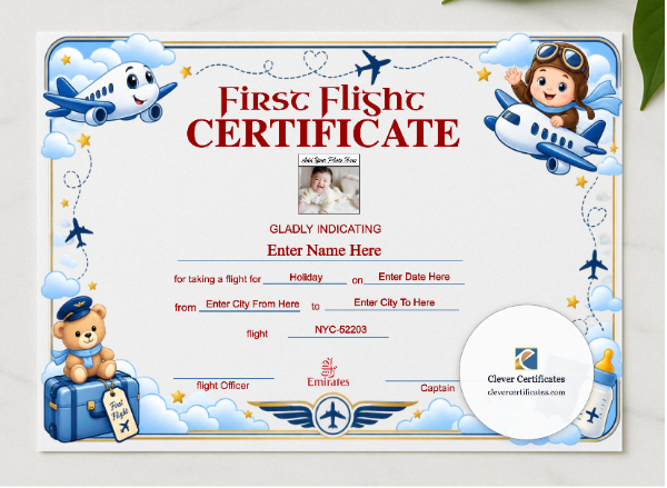 Emirates First Flight Templates Landscape presented in a sleek wooden frame, elegantly arranged on a stylish table.